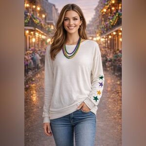 Fantastic Fawn White Sweater Mardi Gras Top Green Yellow Purple Stars